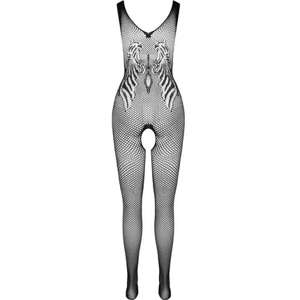 Schwarzer fishnet bodystocking passion bs098 mit mutigem weißem tiger-print auf dem torso eine größe