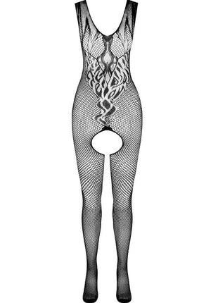 Schwarzer elastischer passion bodystocking bs098 mit netzstruktur und offenem schritt in einer größe