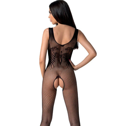 Schwarzer fishnet bodystocking passion bs098 aus mesh mit transparenter tiger muster rückseite eine größe