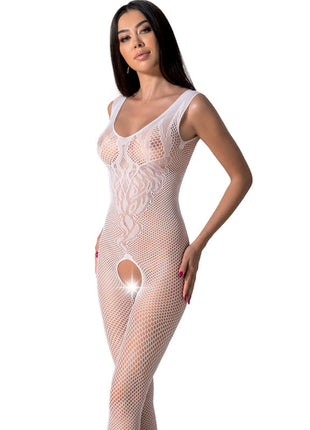 Weißer mesh bodystocking passion bs098 mit feiner spitze und cutout vorne in eine größe