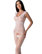 Weißer mesh bodystocking passion bs098 mit feiner spitze und cutout vorne in eine größe