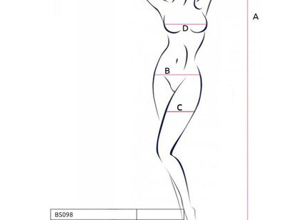 Minimalistische linienzeichnung einer weiblichen figur mit messpunkten für den schwarzen bodystocking passion bs098 eine größe