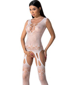 Weißer mesh bodystocking passion bs099 mit schnürung vorne und cut-out beineinsätzen eine größe