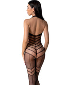 Schwarzer fishnet bodystocking passion bs100 mit halsbandschnitt und geometrischen musterriemen in eine größe