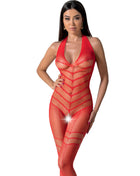 Passion BS100 bodystocking schwarz eine größe rotes transparentes Mesh Bodycon mit Neckholder und diagonalen Mustern