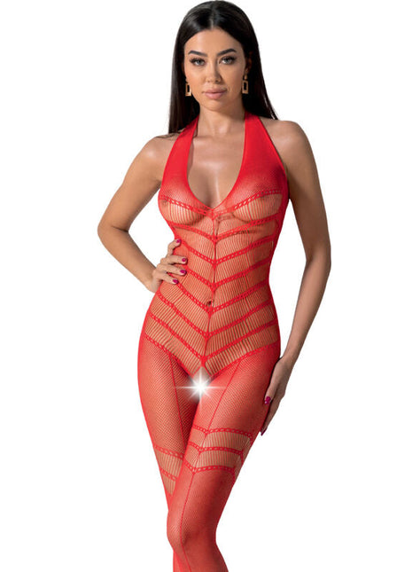 Passion BS100 bodystocking schwarz eine größe rotes transparentes Mesh Bodycon mit Neckholder und diagonalen Mustern