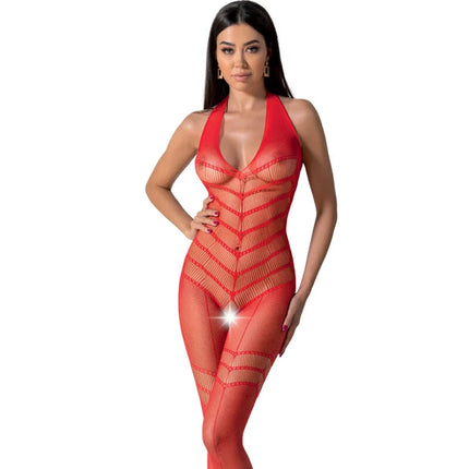 Passion BS100 bodystocking schwarz eine größe rotes transparentes Mesh Bodycon mit Neckholder und diagonalen Mustern