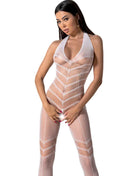 Weißer mesh bodystocking passion bs100 mit neckholder und diagonalen musterriemen eine größe