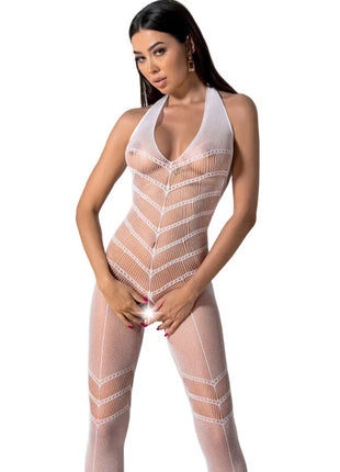 Weißer mesh bodystocking passion bs100 mit neckholder und diagonalen musterriemen eine größe