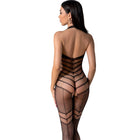 Schwarzer fishnet bodystocking passion bs100 mit halsbandschnitt und geometrischen musterriemen in eine größe