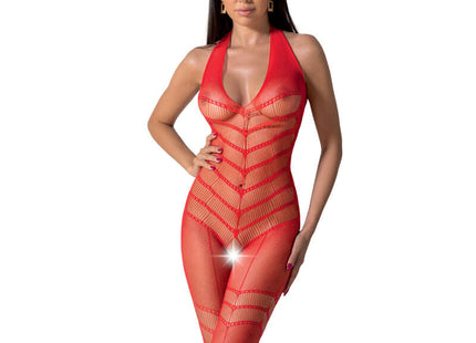 Passion BS100 bodystocking schwarz eine größe rotes transparentes Mesh Bodycon mit Neckholder und diagonalen Mustern