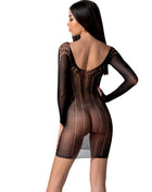 Schwarzer mesh bodystocking passion bs101 mit langen ärmeln, rückenausschnitt und vertikalem punktemuster