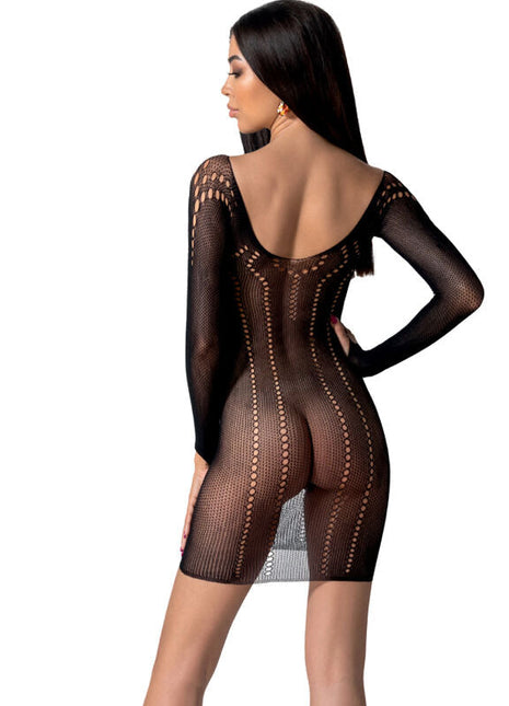 Schwarzer mesh bodystocking passion bs101 mit langen ärmeln, rückenausschnitt und vertikalem punktemuster