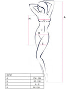 Minimalistische linienzeichnung einer weiblichen figur mit maßen für das passion bs101 bodystocking schwarz eine größe