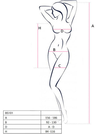 Minimalistische linienzeichnung einer weiblichen figur mit maßen für das passion bs101 bodystocking schwarz eine größe