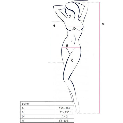 Minimalistische linienzeichnung einer weiblichen figur mit maßen für das passion bs101 bodystocking schwarz eine größe
