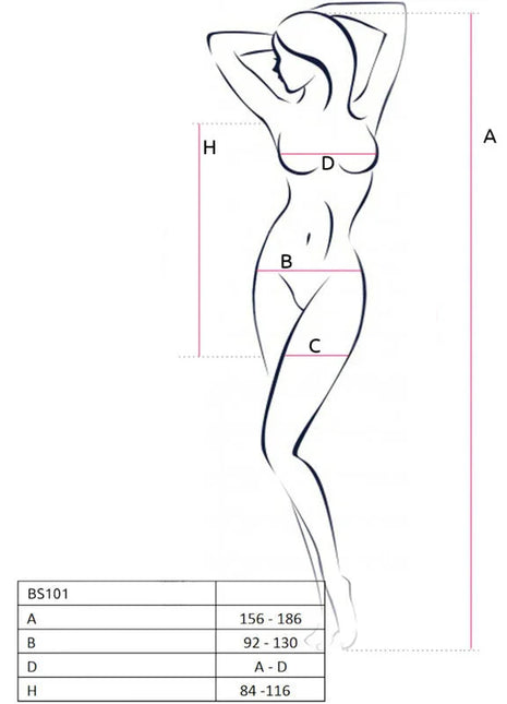 Minimalistische linienzeichnung einer weiblichen figur mit maßen für das passion bs101 bodystocking schwarz eine größe