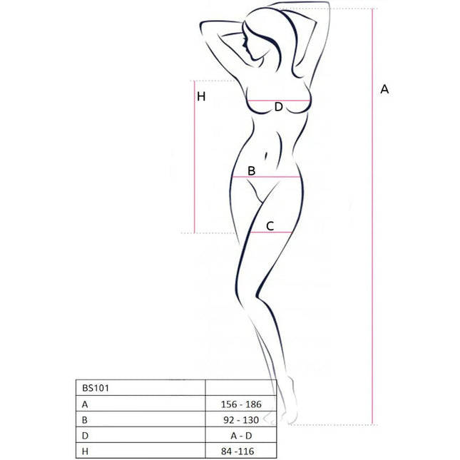Minimalistische linienzeichnung einer weiblichen figur mit maßen für das passion bs101 bodystocking schwarz eine größe