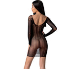 Schwarzer mesh bodystocking passion bs101 mit langen ärmeln, rückenausschnitt und vertikalem punktemuster