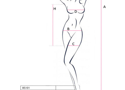 Minimalistische linienzeichnung einer weiblichen figur mit maßen für das passion bs101 bodystocking schwarz eine größe