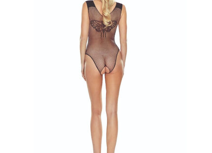 Schwarzer schmetterlings-bodysocking aus netzmaterial mit schmetterlingsdesign auf der rückseite im passion bs109 style