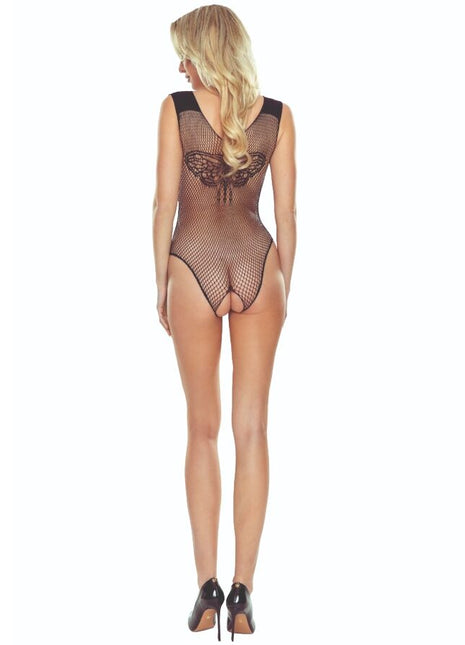 Schwarzer schmetterlings-bodysocking aus netzmaterial mit schmetterlingsdesign auf der rückseite im passion bs109 style