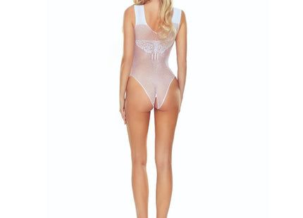 Weißer mesh one-piece bodysuit aus spitze mit schmetterlingsdesign auf dem rücken passioon bs109