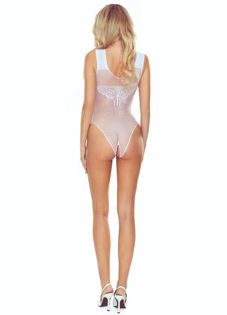Weißer mesh one-piece bodysuit aus spitze mit schmetterlingsdesign auf dem rücken passioon bs109