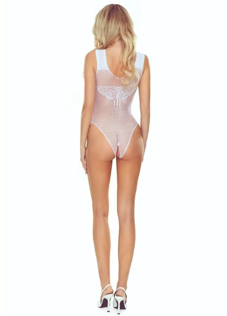 Weißer mesh one-piece bodysuit aus spitze mit schmetterlingsdesign auf dem rücken passioon bs109