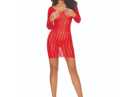 Red langärmeliges körperbetontes mesh-kleid passion bs110 bodystocking rot mit transparentem punktemuster