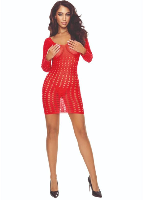 Red langärmeliges körperbetontes mesh-kleid passion bs110 bodystocking rot mit transparentem punktemuster