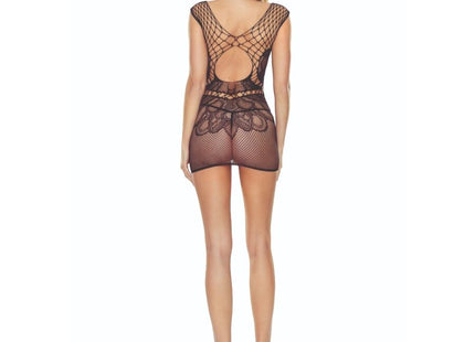Passion bs111 schwarzer bodystocking aus spitze mit netzdesign, spitzenakzenten und rückenausschnitt, rückansicht