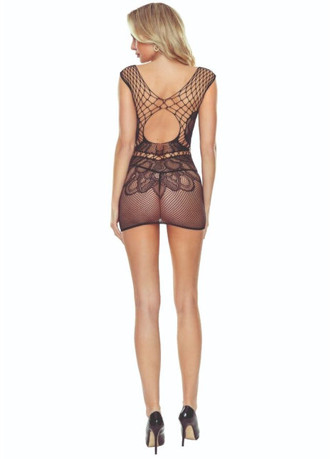Passion bs111 schwarzer bodystocking aus spitze mit netzdesign, spitzenakzenten und rückenausschnitt, rückansicht