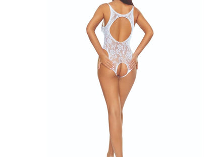 Weißer spitzen-bodystocking passion bs112 mit cutout am rücken und offenem steppe-design, rückansicht