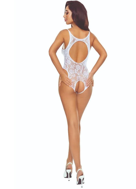 Weißer spitzen-bodystocking passion bs112 mit cutout am rücken und offenem steppe-design, rückansicht