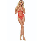 Roter gitter-bodystocking passion bs114 mit schnürung vorne und filigranen geometrischen mustern aus mesh