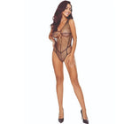 Schwarzer gitter-bodystocking passion bs114 mit spitzen-vorderverschluss und geometrischem muster aus mesh