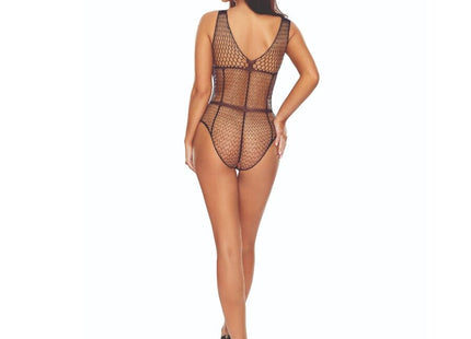Schwarzer gitter-bodystocking passion bs114 aus netzmaterial mit tiefem v-rücken und verstärkten nähten, rückansicht