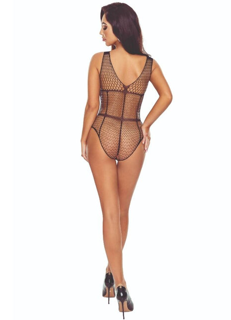 Schwarzer gitter-bodystocking passion bs114 aus netzmaterial mit tiefem v-rücken und verstärkten nähten, rückansicht