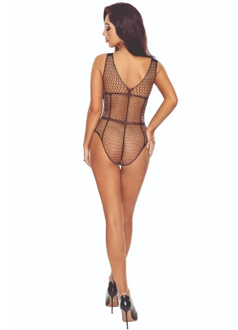 Schwarzer gitter-bodystocking passion bs114 aus netzmaterial mit tiefem v-rücken und verstärkten nähten, rückansicht