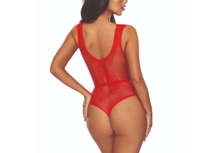 Roter mesh-einteiler bodystocking mit spitzenakzenten passion bs115 gitter rot, vorne sichtbar