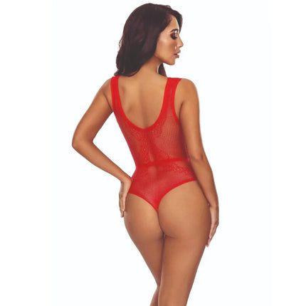 Roter mesh-einteiler bodystocking mit spitzenakzenten passion bs115 gitter rot, vorne sichtbar