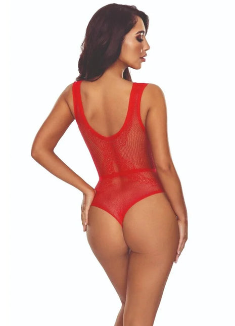 Roter mesh-einteiler bodystocking mit spitzenakzenten passion bs115 gitter rot, vorne sichtbar
