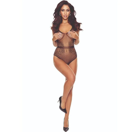 Schwarzer gitter-bodystocking passion bs115 mit schwarzer spitze, transparenten mesh-einsätzen und floralem stickerei