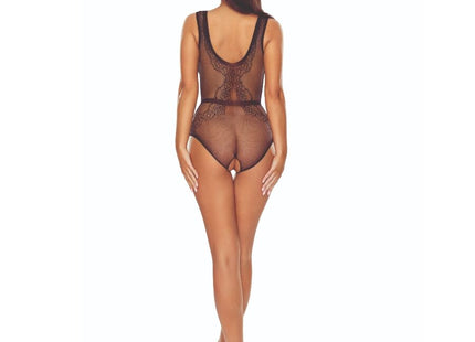 Schwarzer gitter-bodystocking passion bs115 mit schwarzer spitze und durchsichtigem mesh mit floraler rückendetailierung
