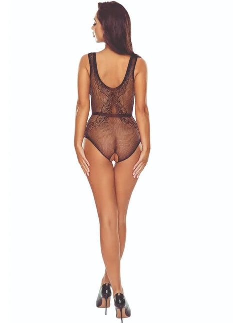 Schwarzer gitter-bodystocking passion bs115 mit schwarzer spitze und durchsichtigem mesh mit floraler rückendetailierung