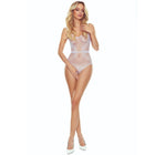 Sheer lavendelfarbener spitzen-bodystocking mit feinem blumenmuster und dünnen spaghetti-trägern model passion bs115