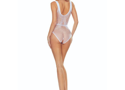 Weißer gitter-bodystocking passion bs115 aus spitze mit transparenten mesh-einsätzen und rückenfreiem design rückansicht