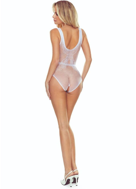 Weißer gitter-bodystocking passion bs115 aus spitze mit transparenten mesh-einsätzen und rückenfreiem design rückansicht