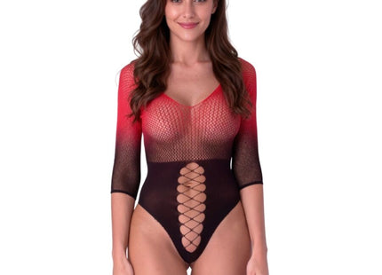 Rotschwarzer mesh-bodystocking passion bs118 mit spitzenfront und schnürdetail vorne